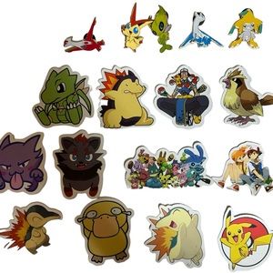 Pokemon (5 Official Pins) + 12 Pokemon Stickers